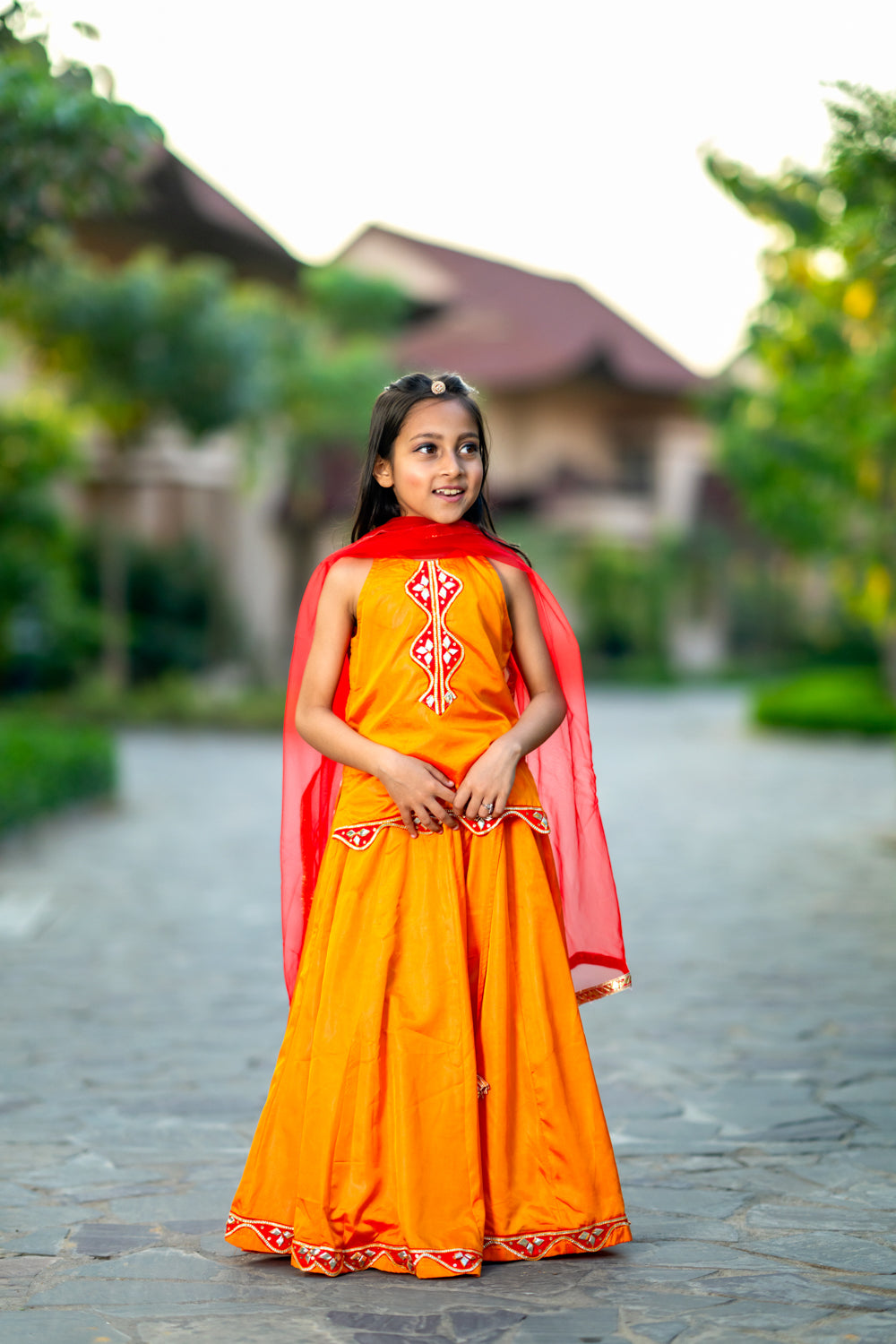 Neon Pink Silk Lehenga Set For Girls