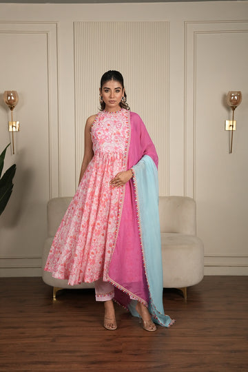 Neon Pink Chanderi Floral Printed Anarkali Set