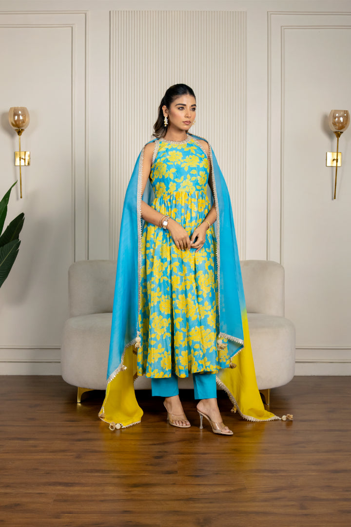 Teal Blue & Yellow Chanderi Floral Printed Anarkali Set