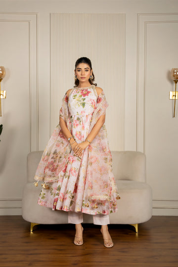 Peach Chanderi Floral Printed Anarkali Set
