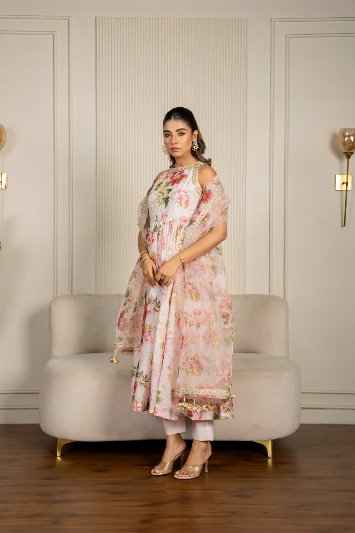Peach Chanderi Floral Printed Anarkali Set