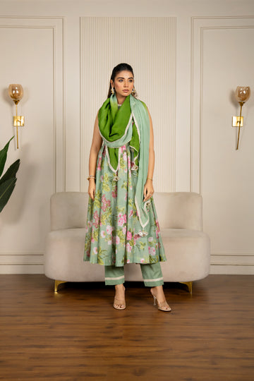 Pista Green Chanderi Floral Printed Anarkali Set