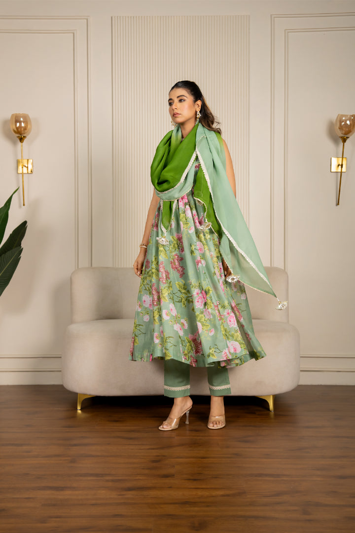 Pista Green Chanderi Floral Printed Anarkali Set