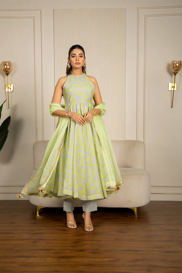 Neon Green & Grey Chanderi Floral Printed Anarkali Set - 2