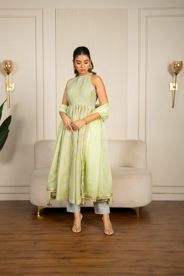 Neon Green & Grey Chanderi Floral Printed Anarkali Set - 2