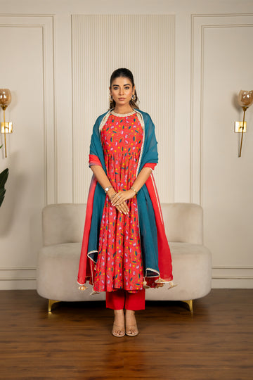Multi-colored Chanderi Floral Printed Anarkali Set
