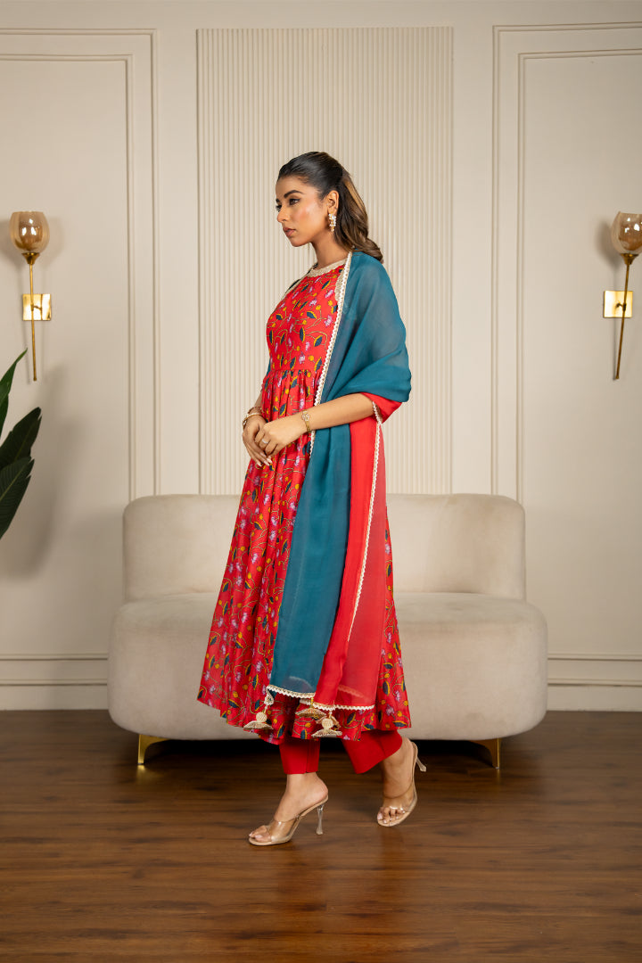 Multi-colored Chanderi Floral Printed Anarkali Set