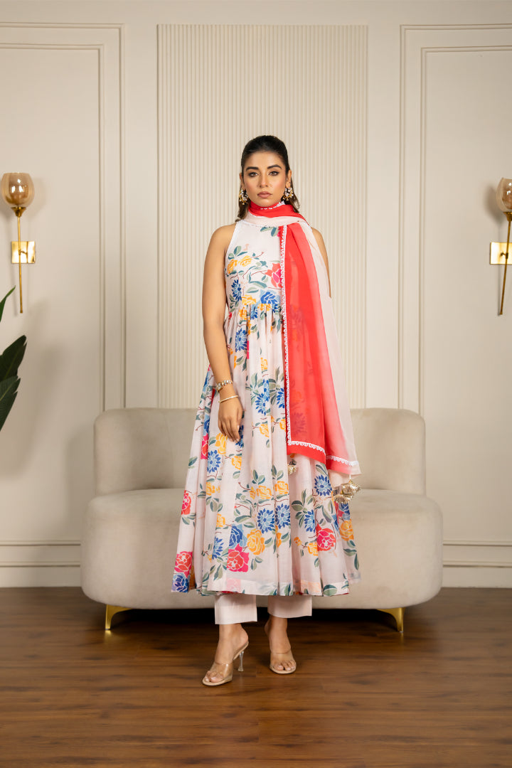 Multi-colored Chanderi Floral Printed Anarkali Set - 2