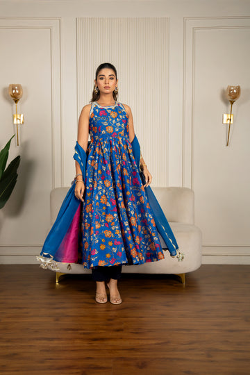 Blue Chanderi Floral Printed Anarkali Set