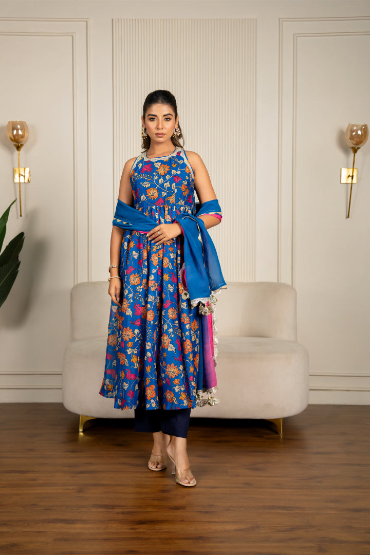 Blue Chanderi Floral Printed Anarkali Set