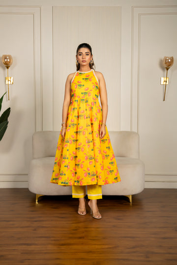 Yellow Chanderi Floral Printed Anarkali Set - 2