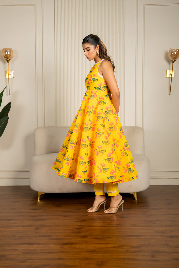 Yellow Chanderi Floral Printed Anarkali Set - 2