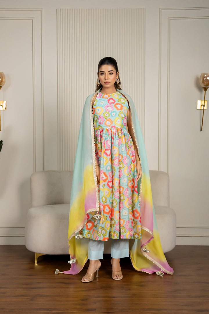 Multi-colored Chanderi Floral Printed Anarkali Set - 3