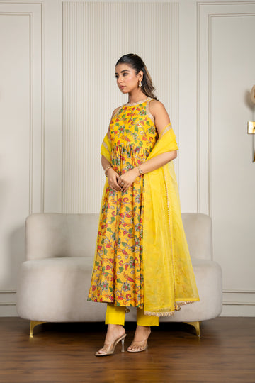 Yellow Chanderi Floral Printed Anarkali Set