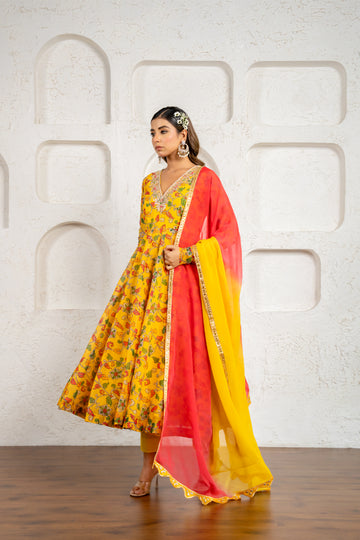 Yellow Floral Printed & Embroidered Anarkali Set