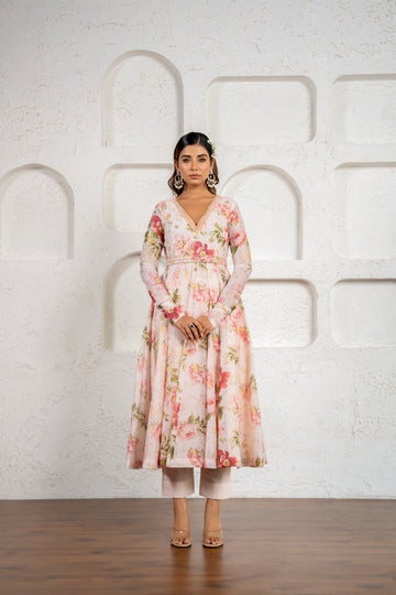 Peach Floral Printed & Embroidered Anarkali Set