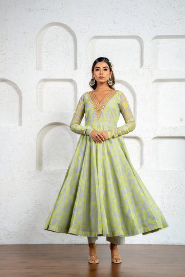 Neon Green & Grey Chanderi Floral Printed Anarkali Set