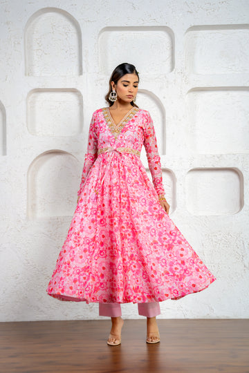 Blush Pink Floral Printed & Embroidered Anarkali Set