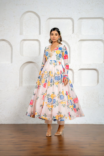 Multi-Colored Floral Printed & Embroidered Anarkali Set