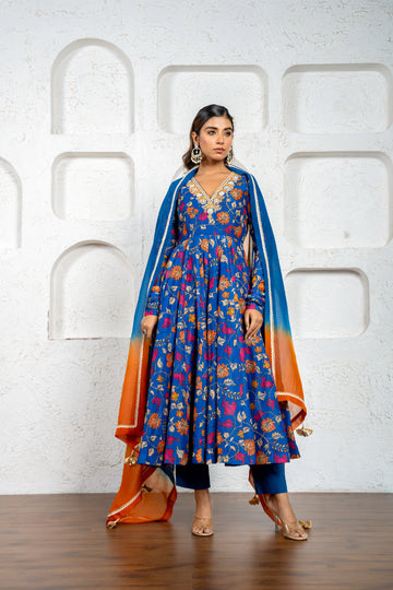 Navy Blue kalamkari Printed & Embroidered Anarkali Set