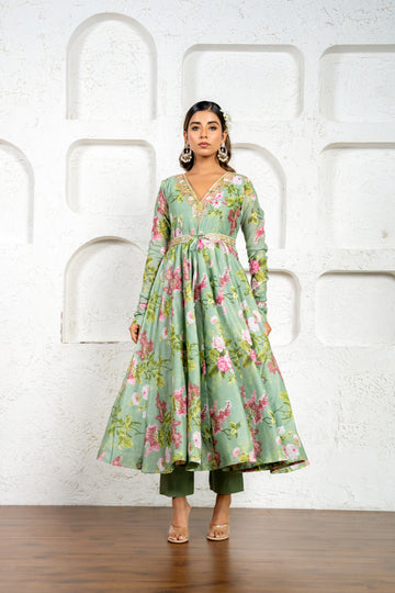 Pista Green Floral Printed & Embroidered Anarkali Set