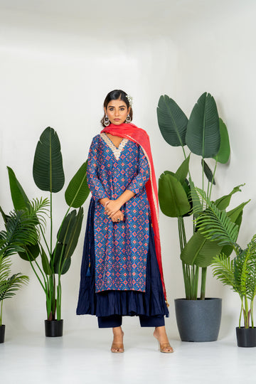 Blue Chanderi Patola Digital Printed Kurta Set
