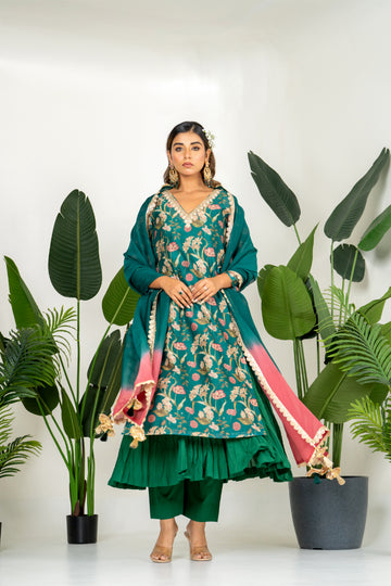 Bottle Green Chanderi Digital Floral Printed Kurta Set