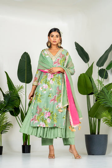 Pista Green Chanderi Digital Floral Printed Kurta Set