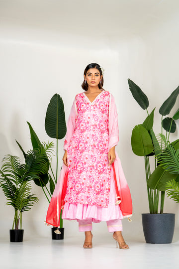 Blush Pink Chanderi Digital Floral Printed Kurta Set