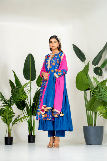 Royal Blue Chanderi Patola Digital Printed Kurta Set