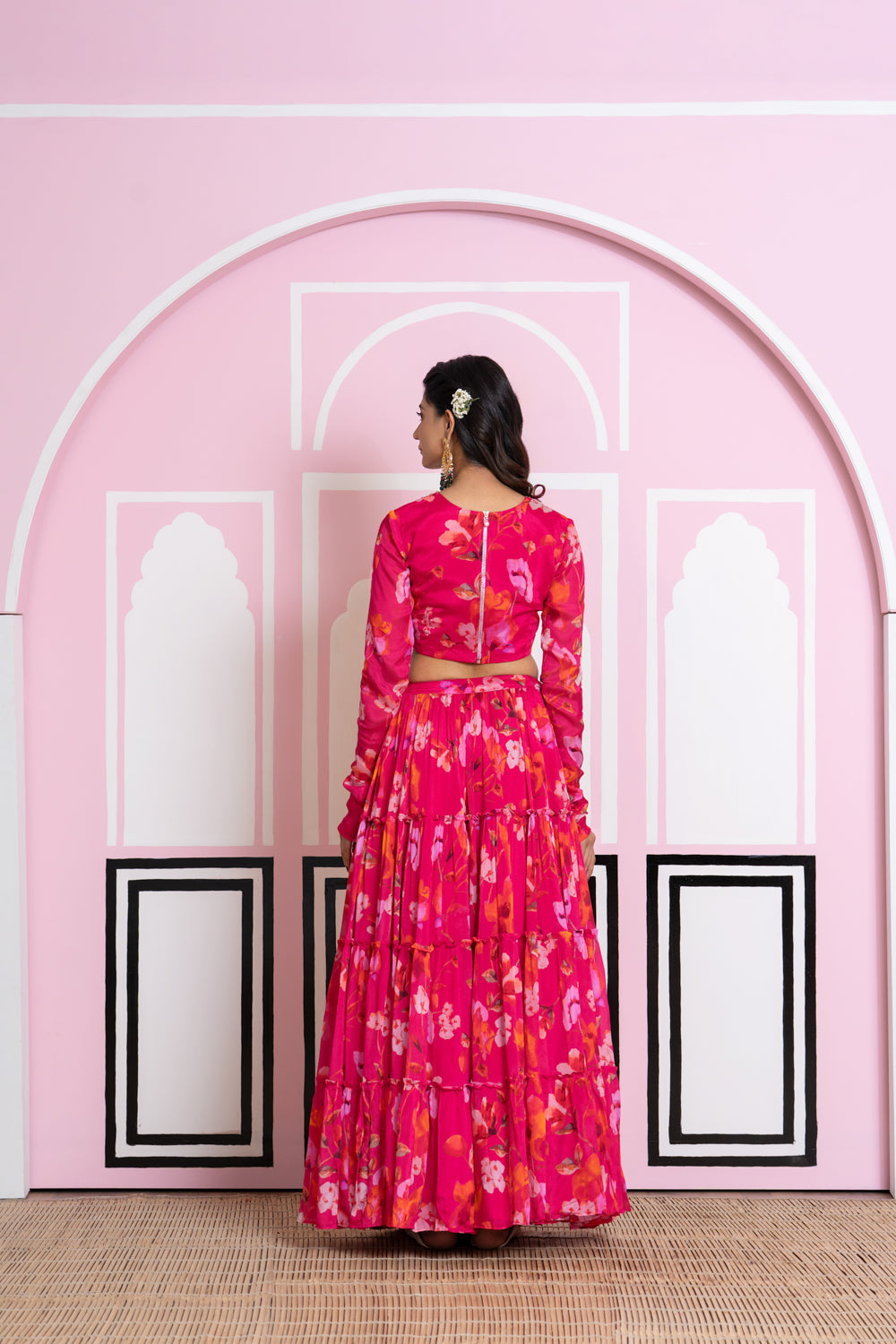 Hot Pink Chinnon Chiffon Tiered Lehenga Set