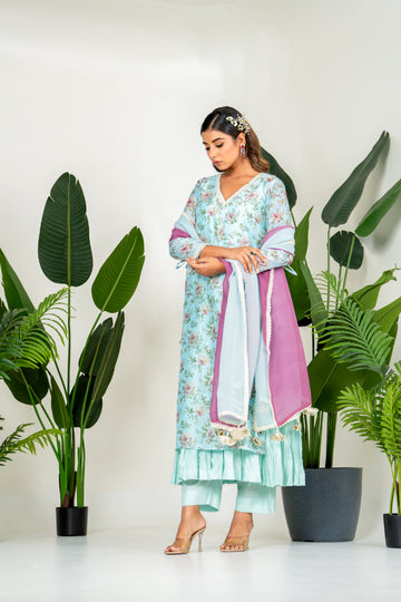 Blue Chanderi Digital Floral Printed Kurta Set