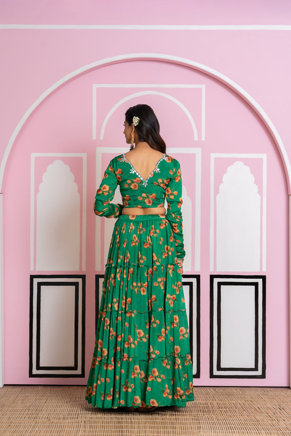 Green Chinnon Chiffon Tiered Lehenga Set