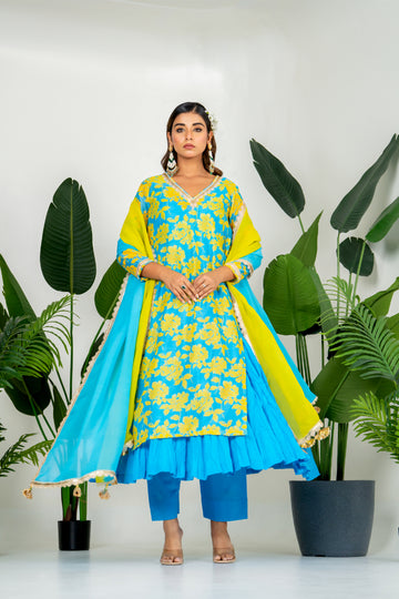 Blue & Yellow Chanderi Digital Floral Printed Kurta Set