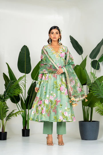 Green Chanderi Digital Printed Kurta Set