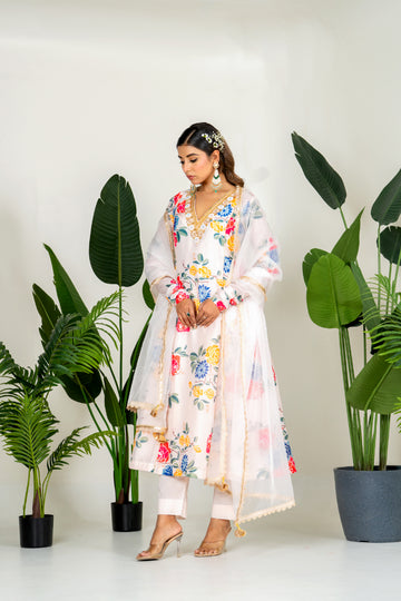 Multi-colored Chanderi Digital Printed Kurta Set