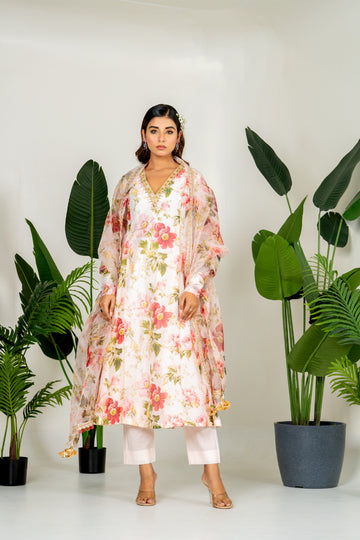Pastel peach Chanderi Digital Printed Kurta Set