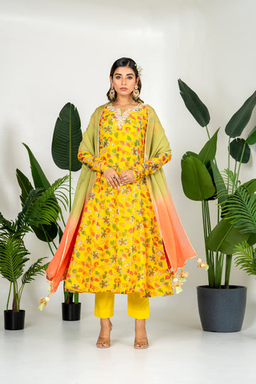 Yellow Chanderi Digital Printed Kurta Set