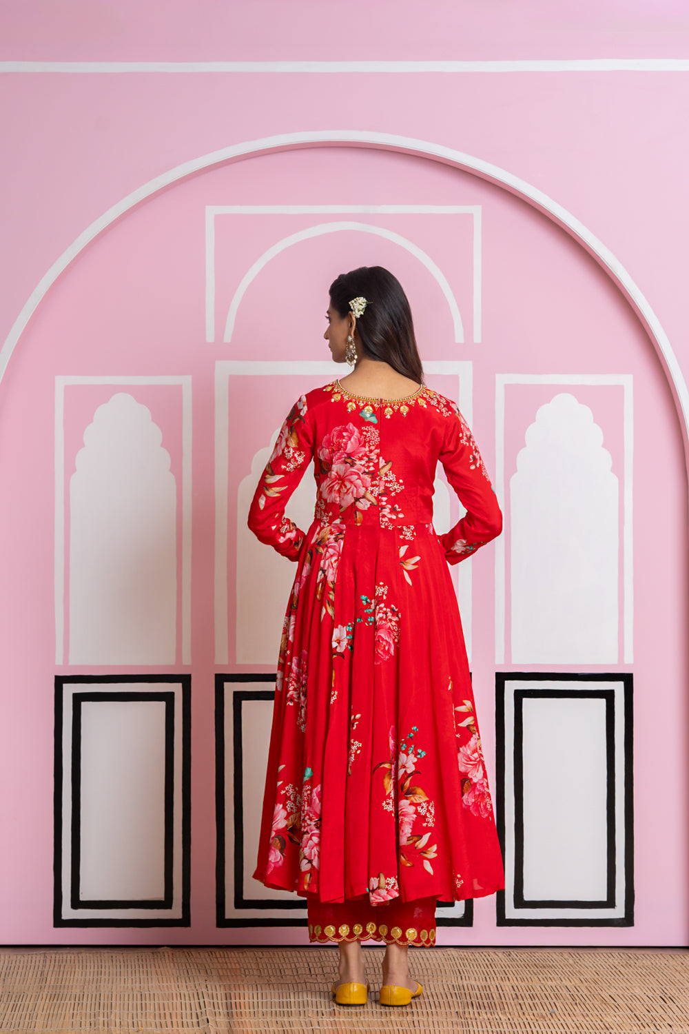 Red Chinnon Chiffon Anarkali Set