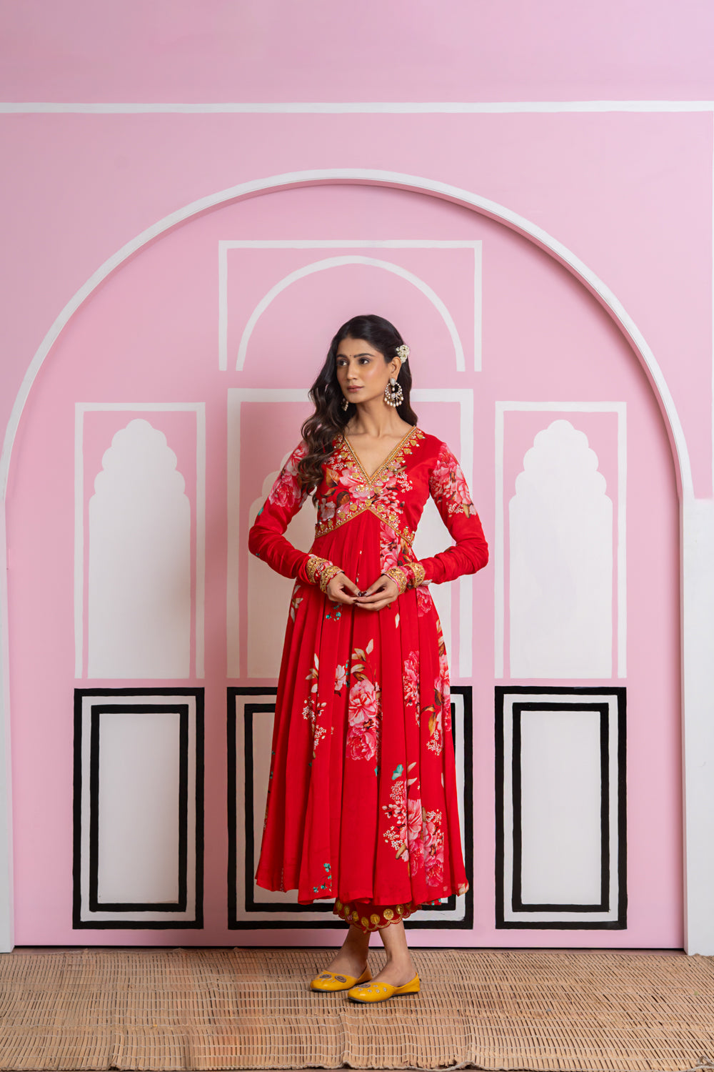 red chiffon anarkali dress Sanya Gulati