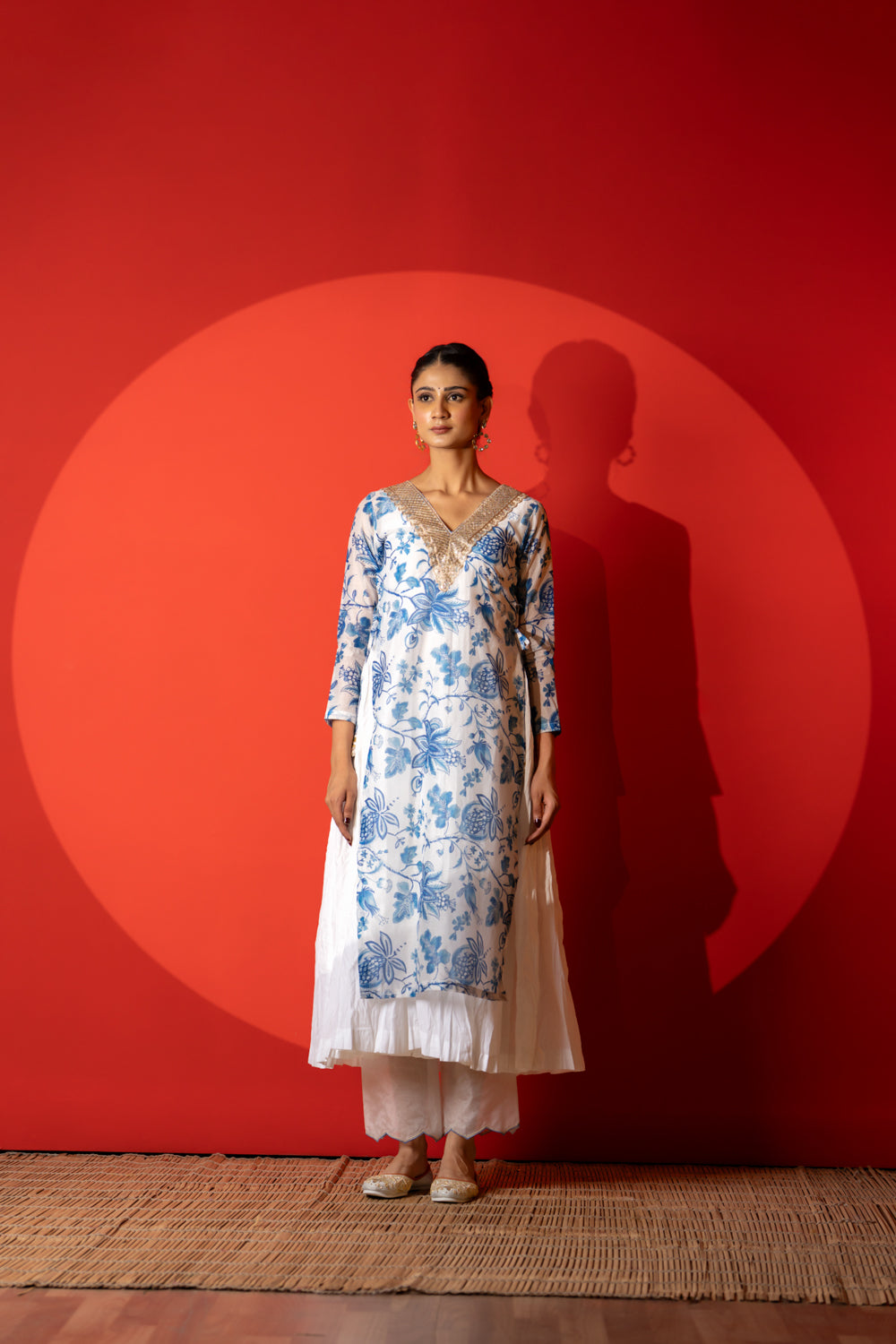 Ivory & Blue Chanderi Digital Printed Kurta Set-3