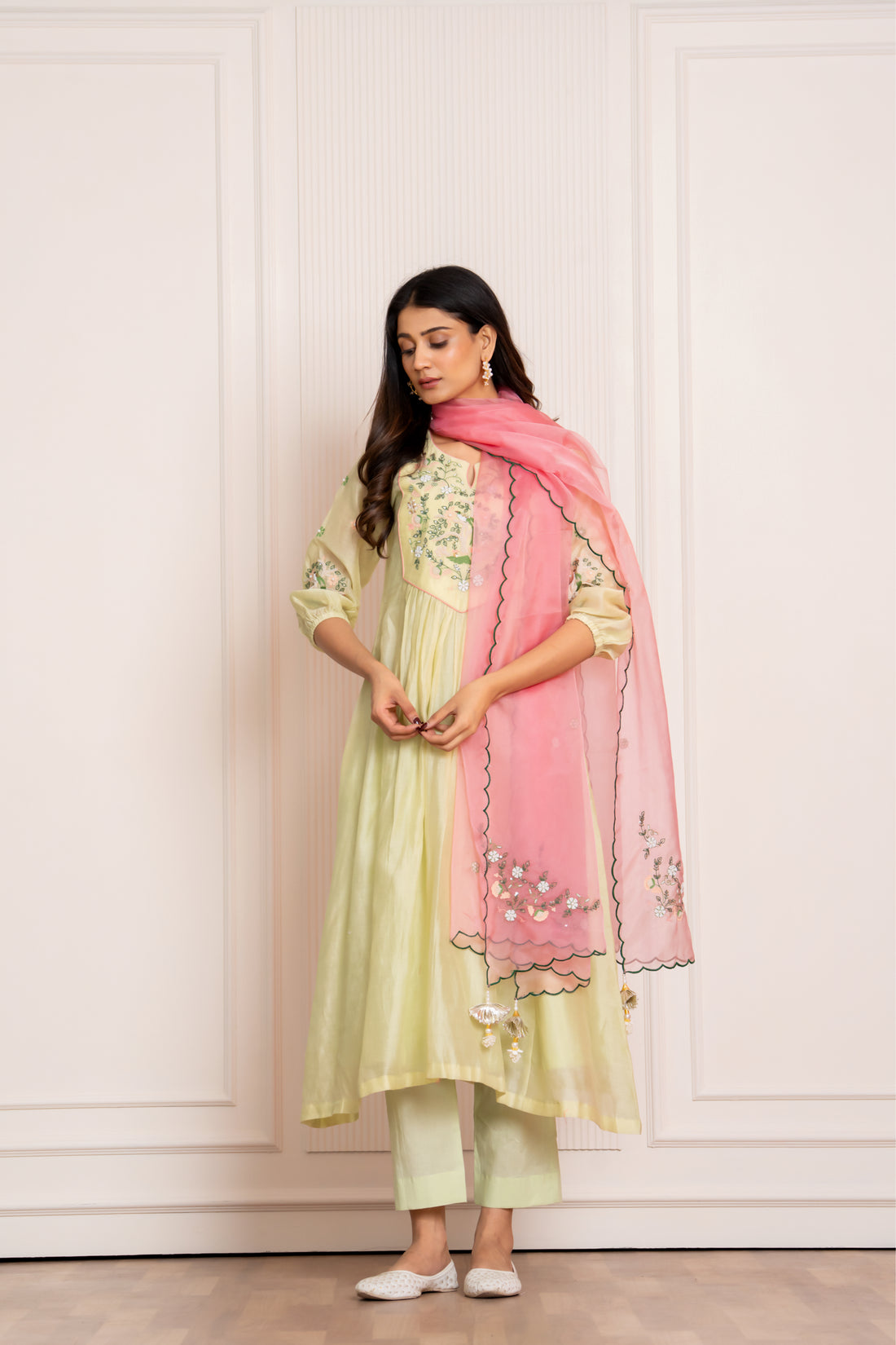Lime Green Mul Chanderi Kurta Set