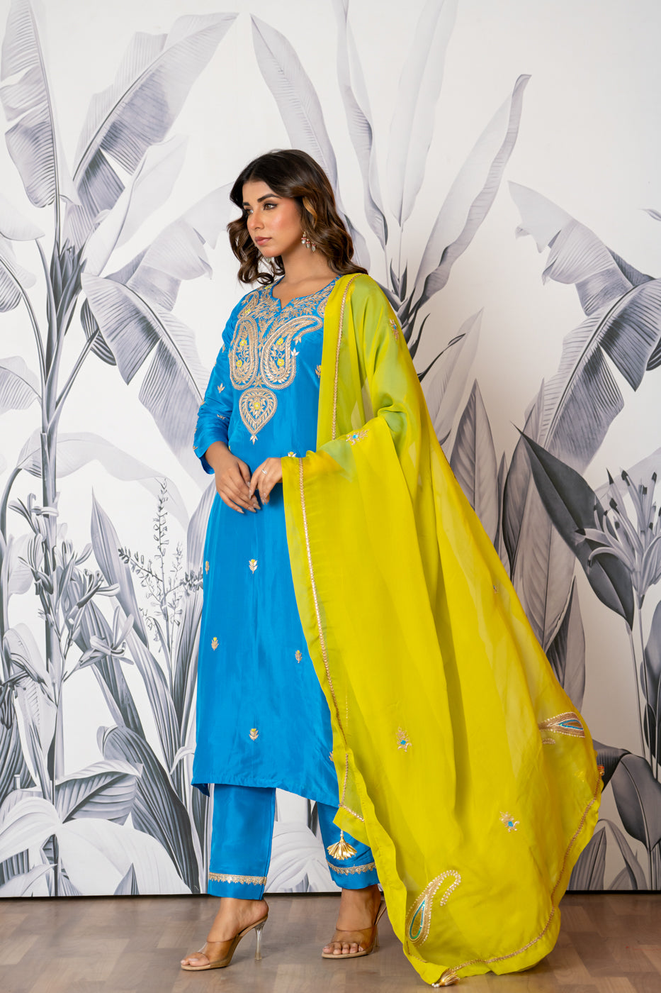 Electric Blue Spun Silk Gota Hand Embroidered Kurta Set