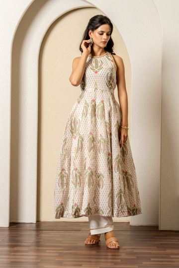 Ivory Chanderi Digital Floral Printed Anarkali Set