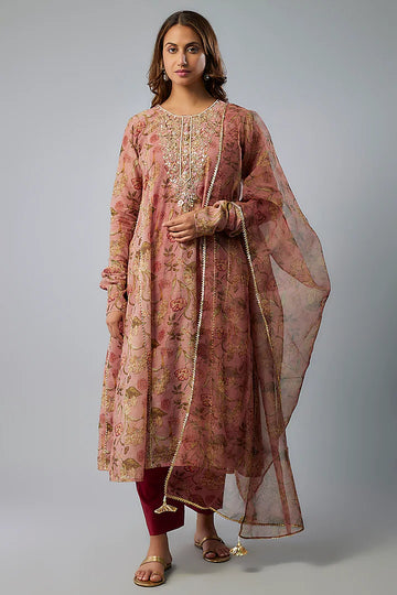 Rust Chanderi Hand Embroidered Kurta Set