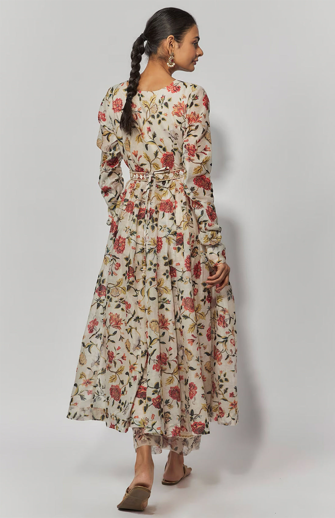 Beige Printed Chanderi Embroidered Anarkali Set