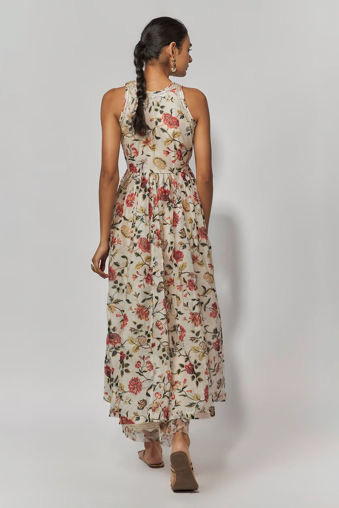 Beige Printed Chanderi Embroidered Anarkali Set