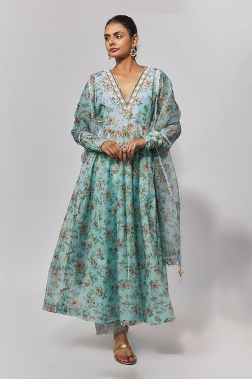 Sea Green Print Chanderi Embroidered Anarkali Set