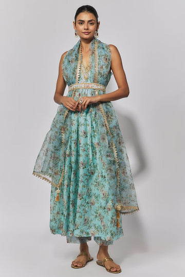 Sea Green Print Chanderi Embroidered Anarkali Set