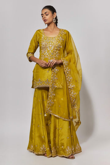 Golden Yellow Pure Spun Silk Embroidered Sharara Set